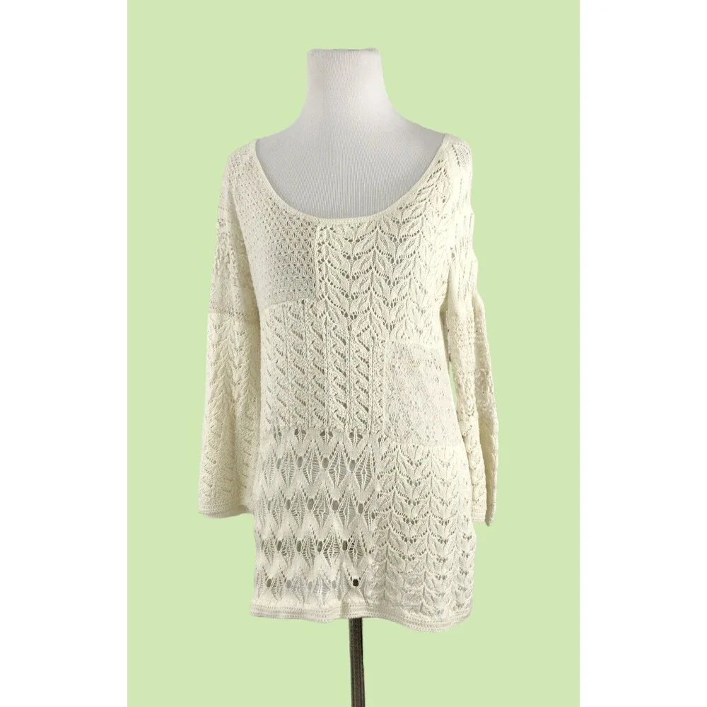 Lucky Brand Women's S‎ Small Lace Crochet Top Bell Sleeve Cream Boho Romantic